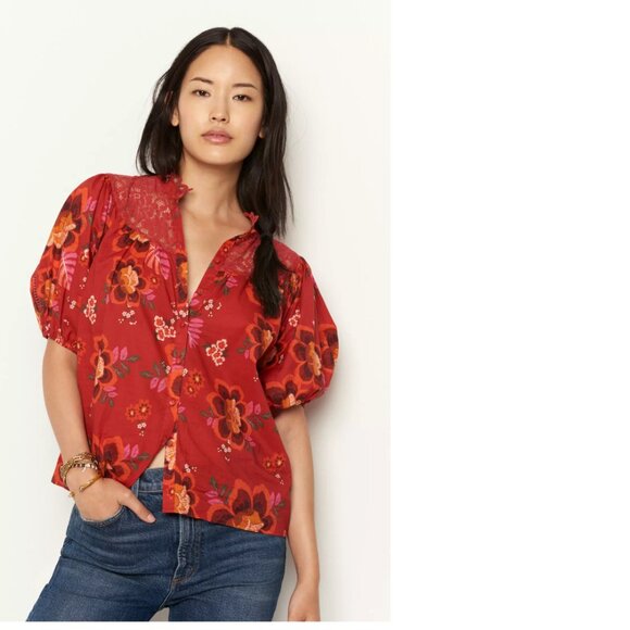 Anthropologie Farm Rio Giustina Lace Blouse top buttondown floral red new XS - Picture 7 of 14